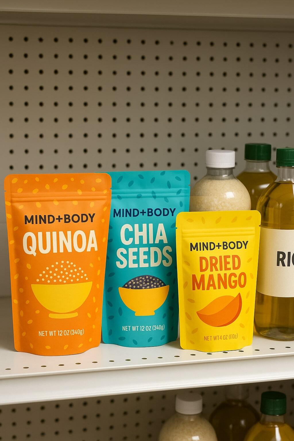 Store shelf with brightly branded pouches next to rigid bottles to compare shelf impact.