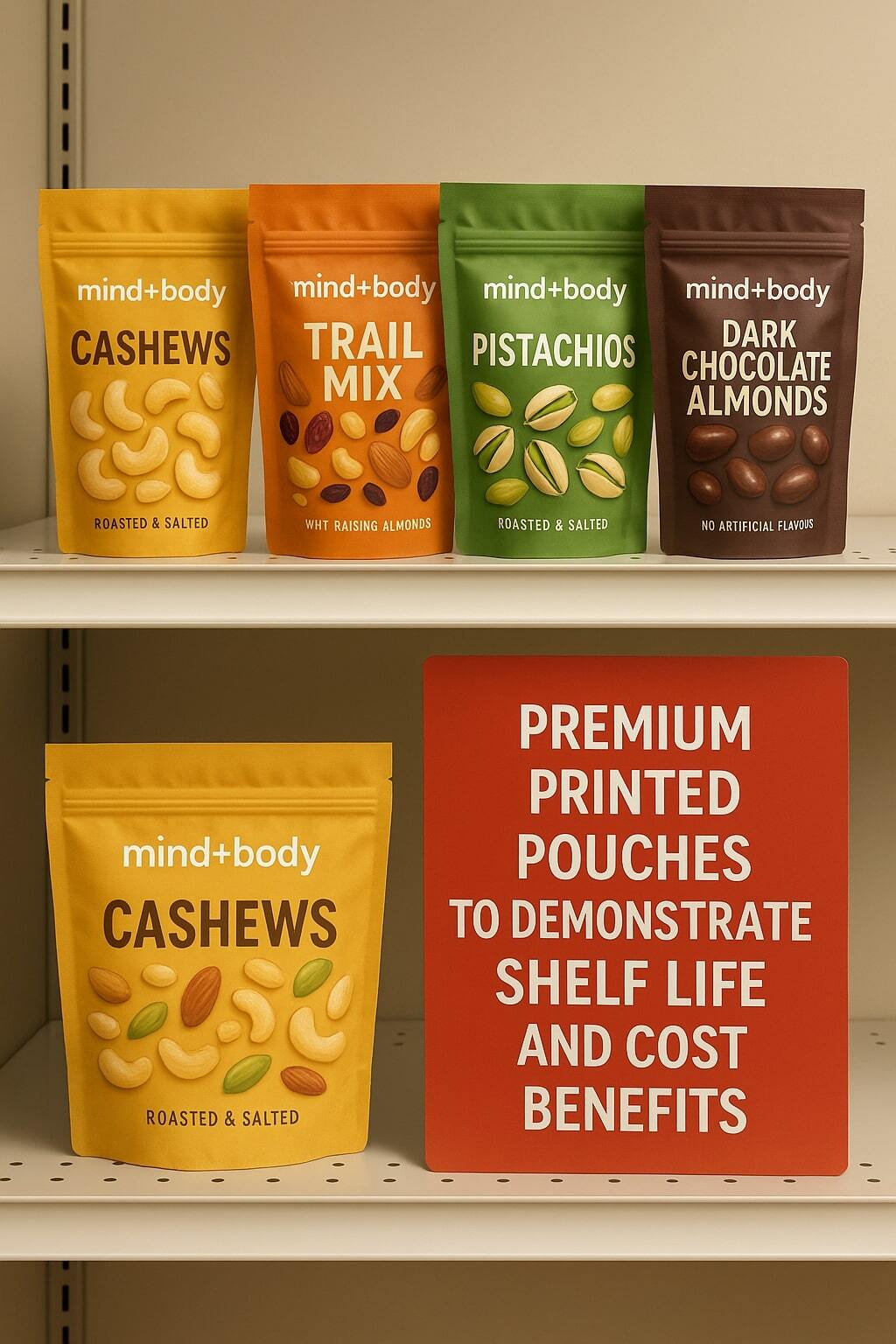 Snack products in printed pouches displayed on a retail shelf.
