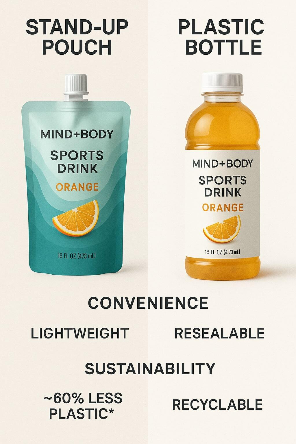 Split view comparison of a beverage in a stand-up pouch next to the same beverage in a plastic bottle.