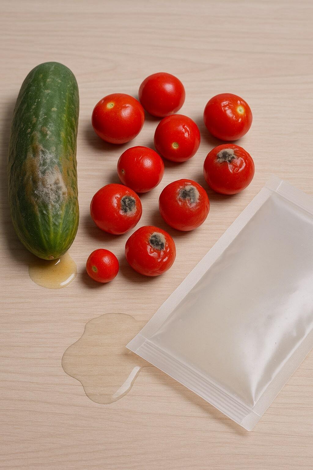 Damaged or spoiled products next to a leaking pouch indicating barrier mismatch risk.
