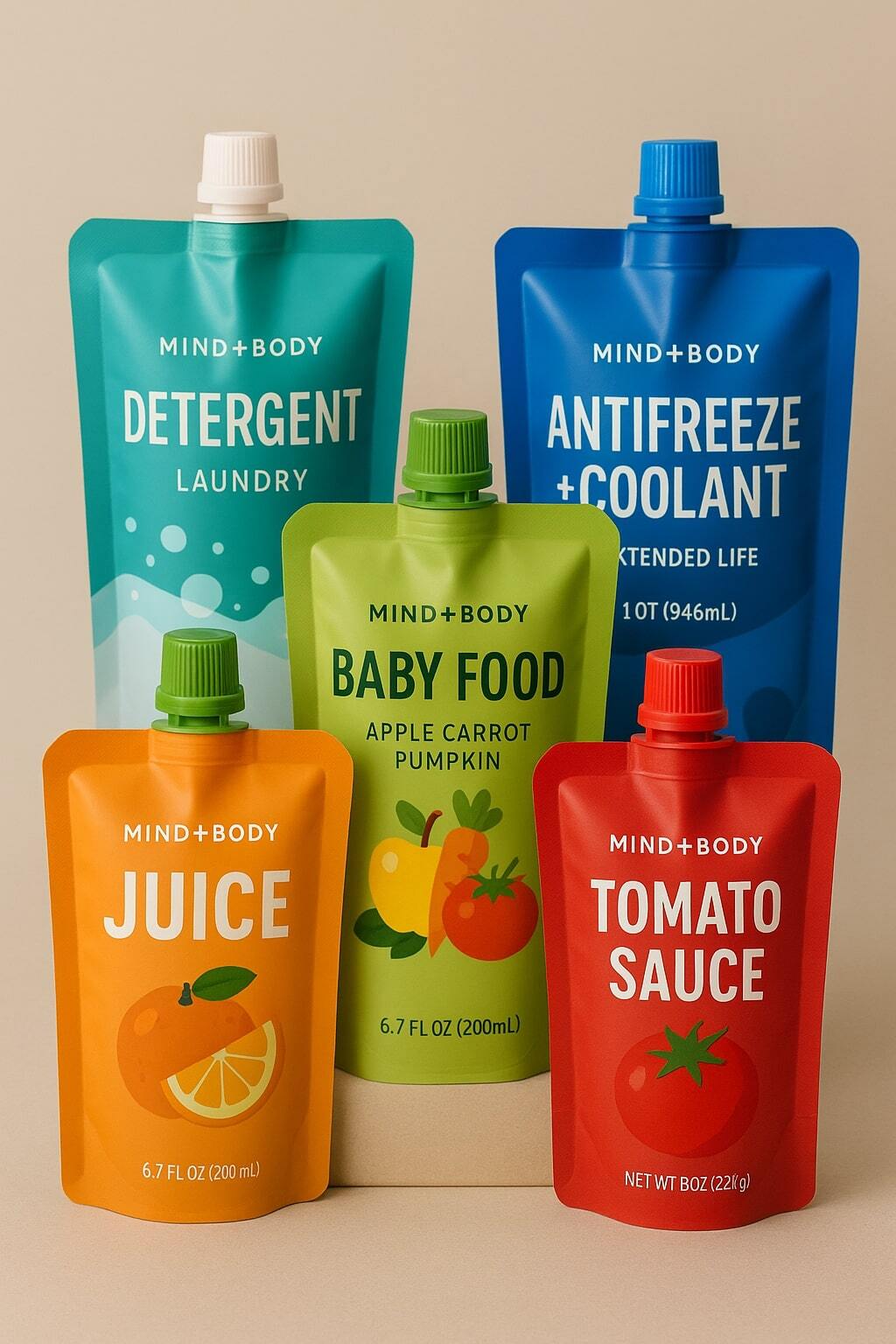 Collage of juice, baby food, sauces, detergents, and automotive fluid spouted pouches.