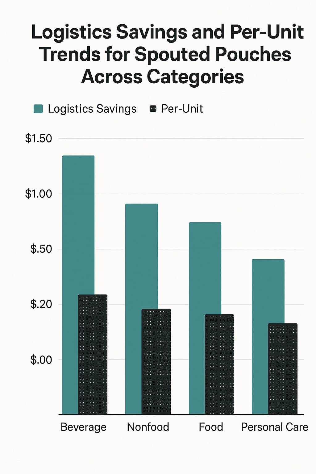 Bar comparison of logistics savings and per-unit trends for spouted pouches.