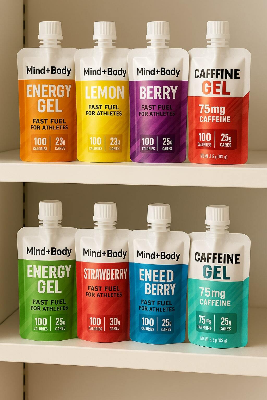 Sports nutrition energy gels in spouted pouches on retail shelf.