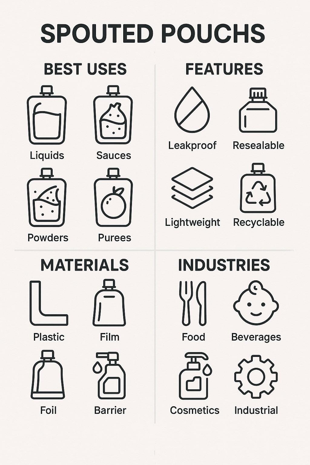Icon summary of categories, features, materials, and industries for spouted pouches.