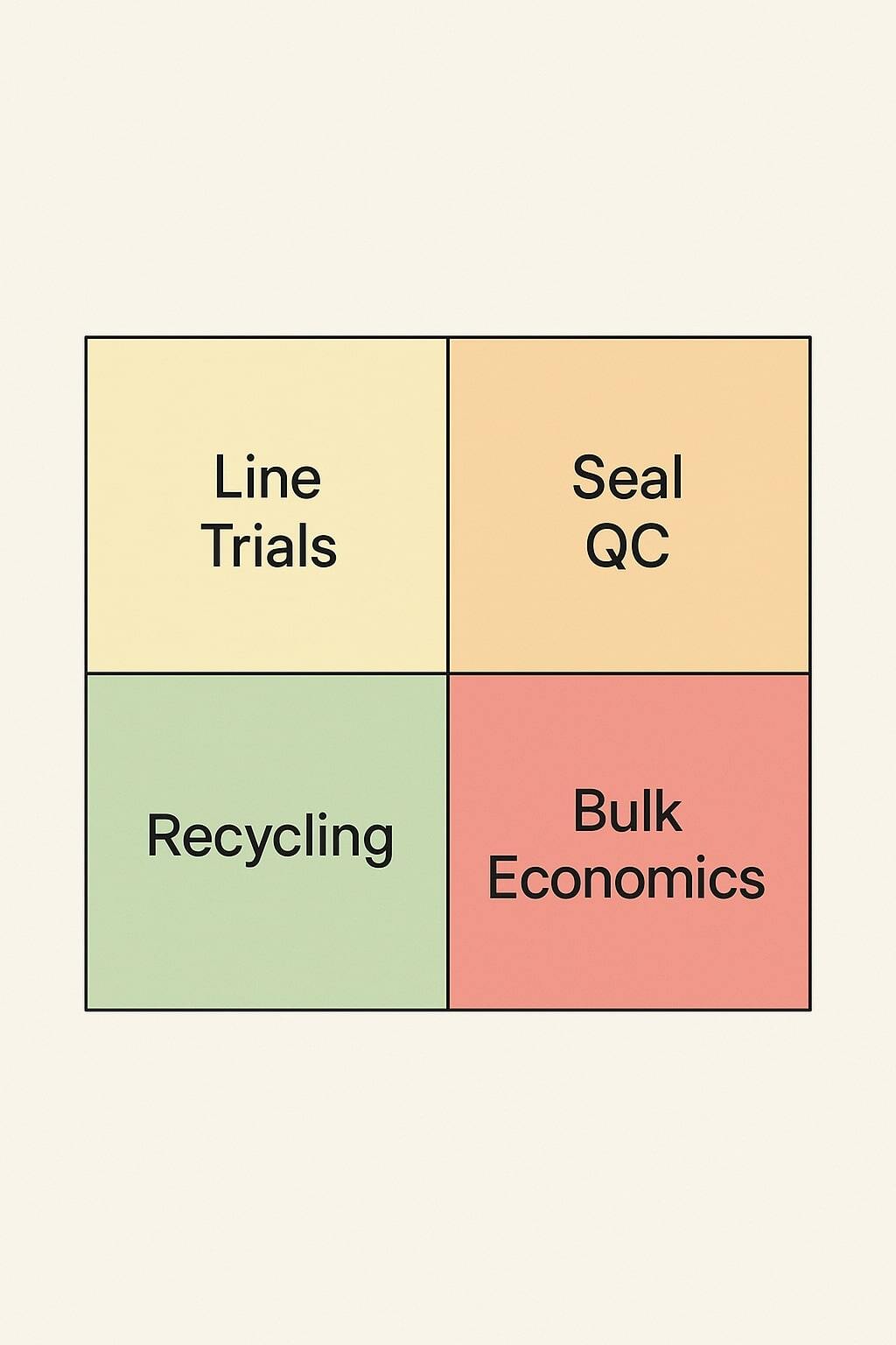 Grid showing compatibility checks, seal QC, and recycling considerations.