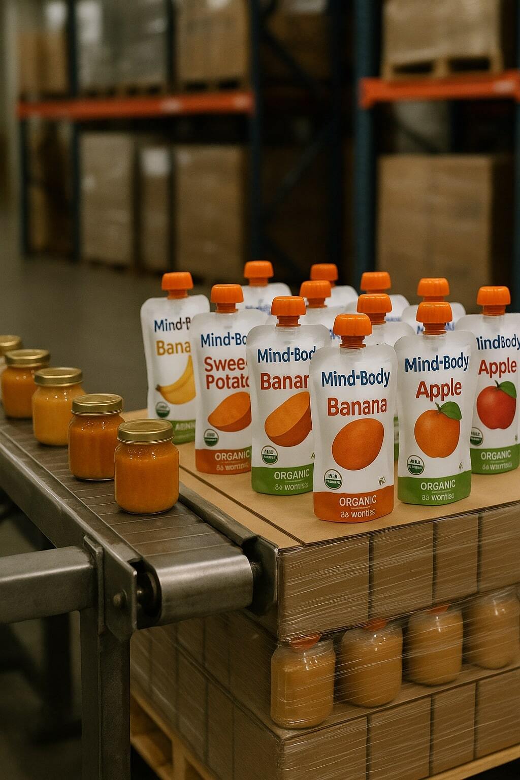 Baby food production line transitioning from jars to spouted pouches.