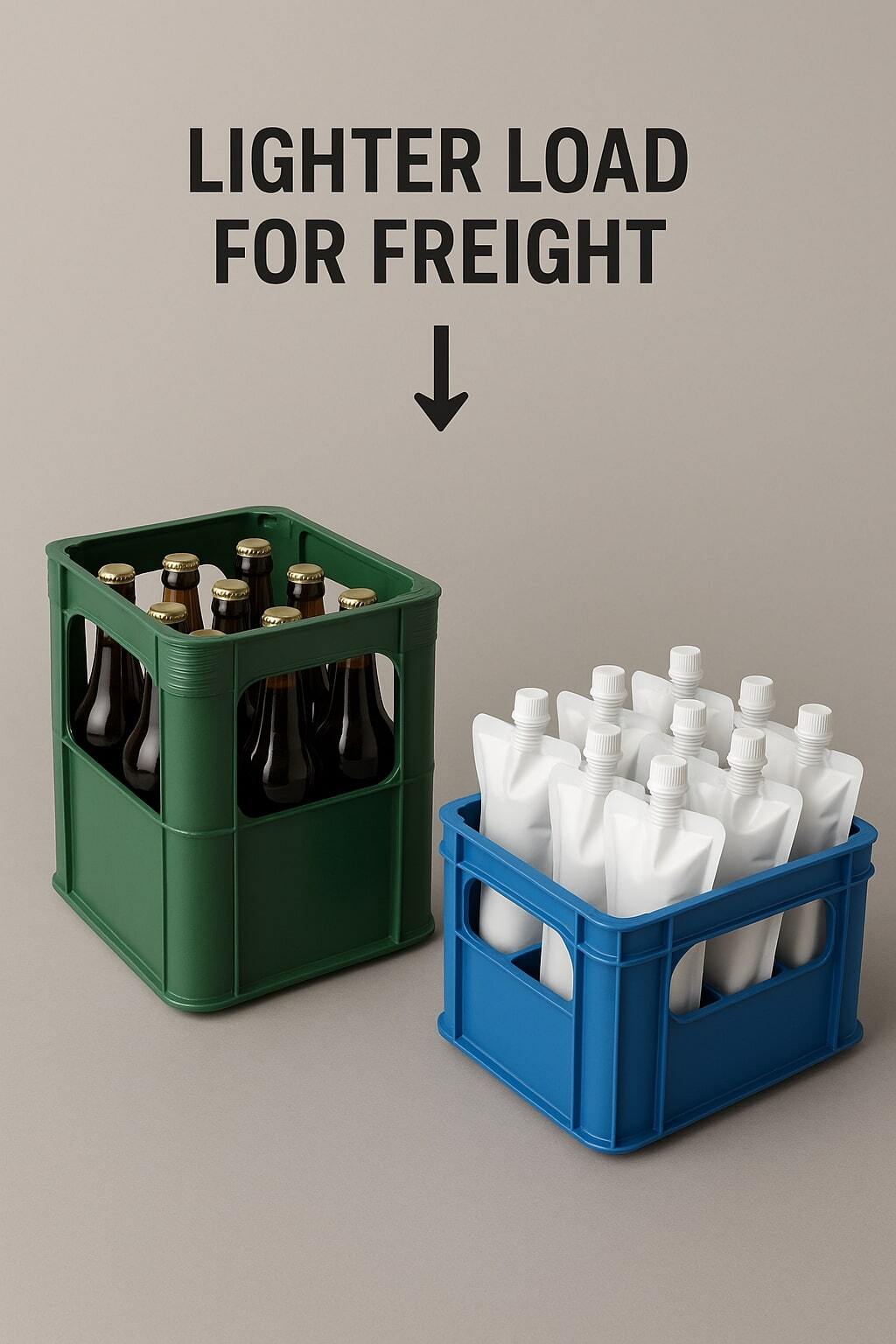 Split-screen showing juice bottles versus juice spouted pouches to illustrate shipping efficiency.