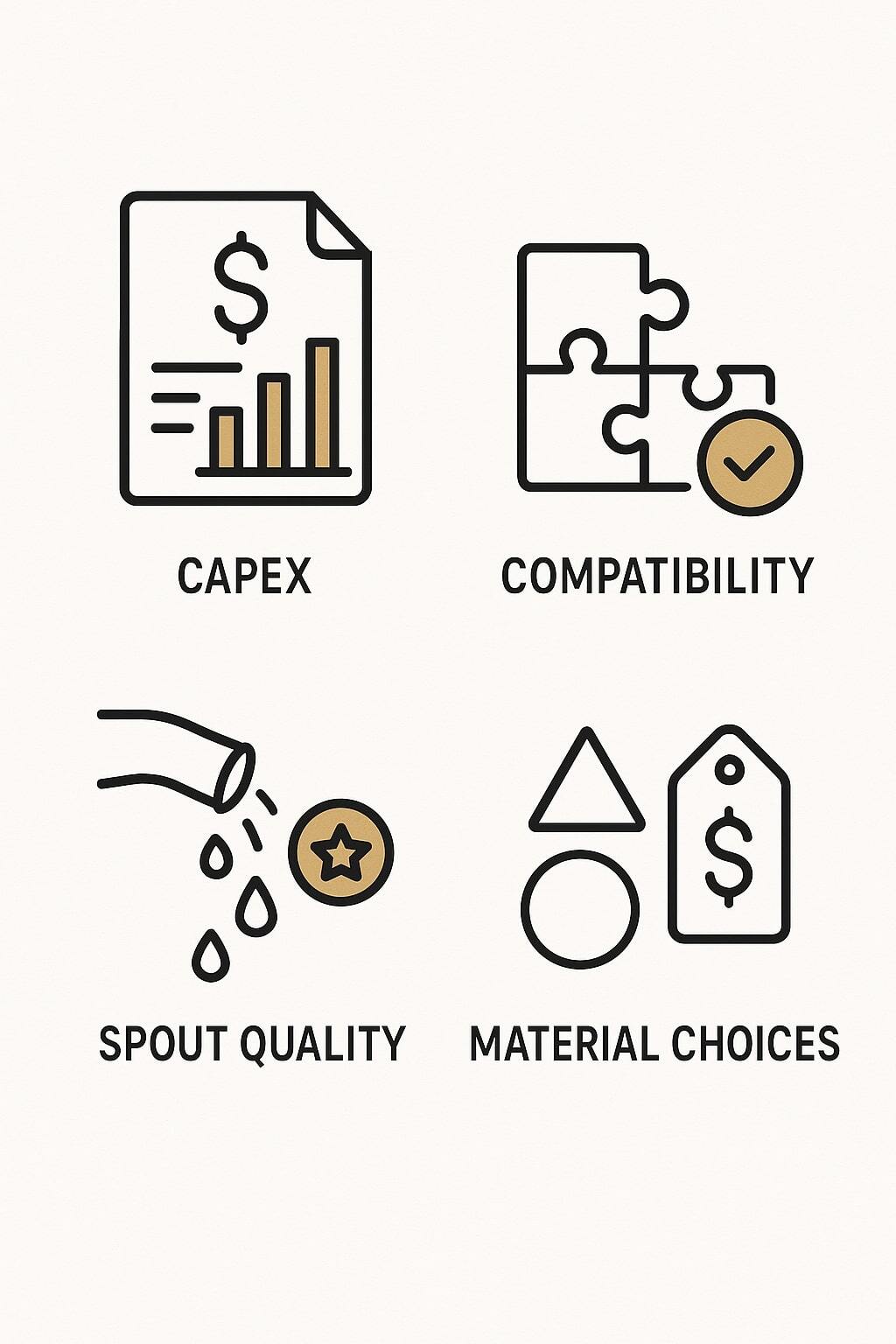 Icons showing capex, compatibility, spout quality, and material choices influencing cost.