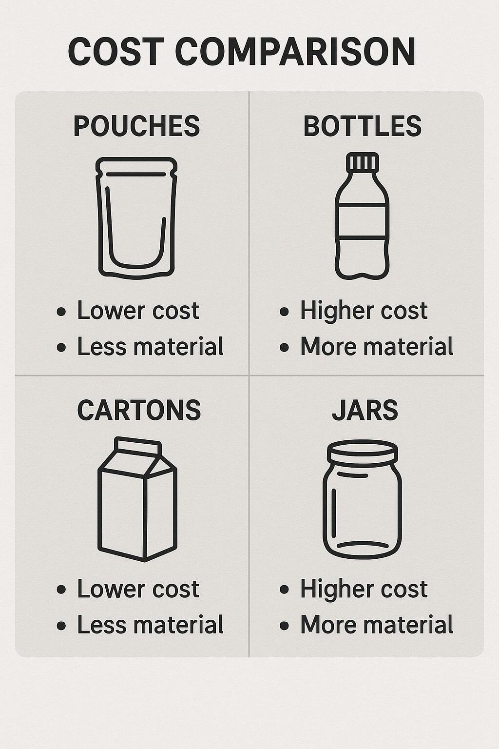 Panels comparing cost drivers across pouches, bottles, cartons, and jars.