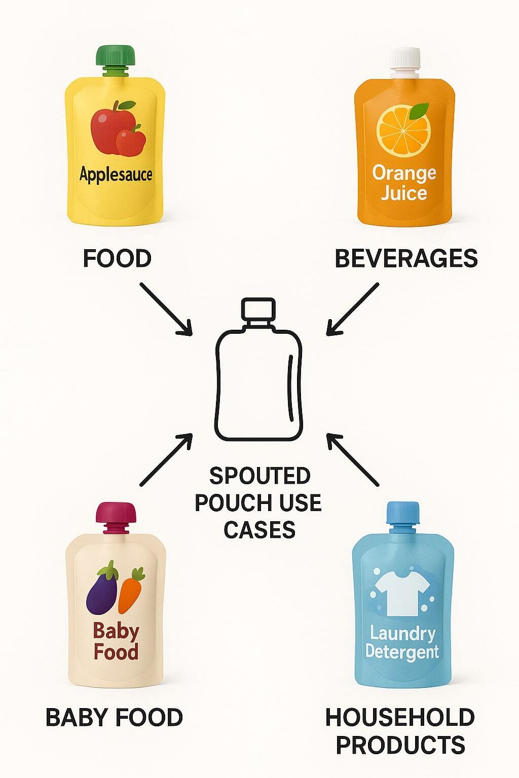Overview of spouted pouch packaging across food, beverage, and household use cases.