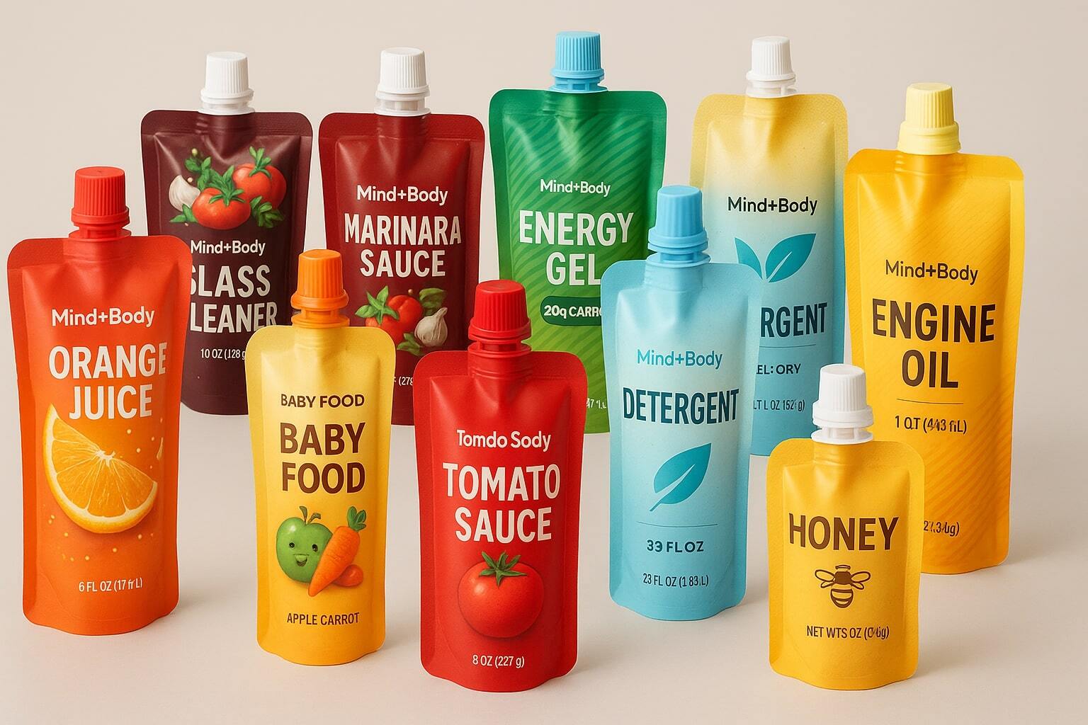 Spouted pouch packaging for food, beverage, and non-food products.