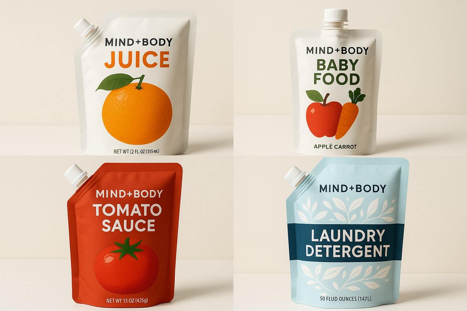 Collage of juice, baby food, sauce, and detergent products in spouted pouches on a clean backdrop.