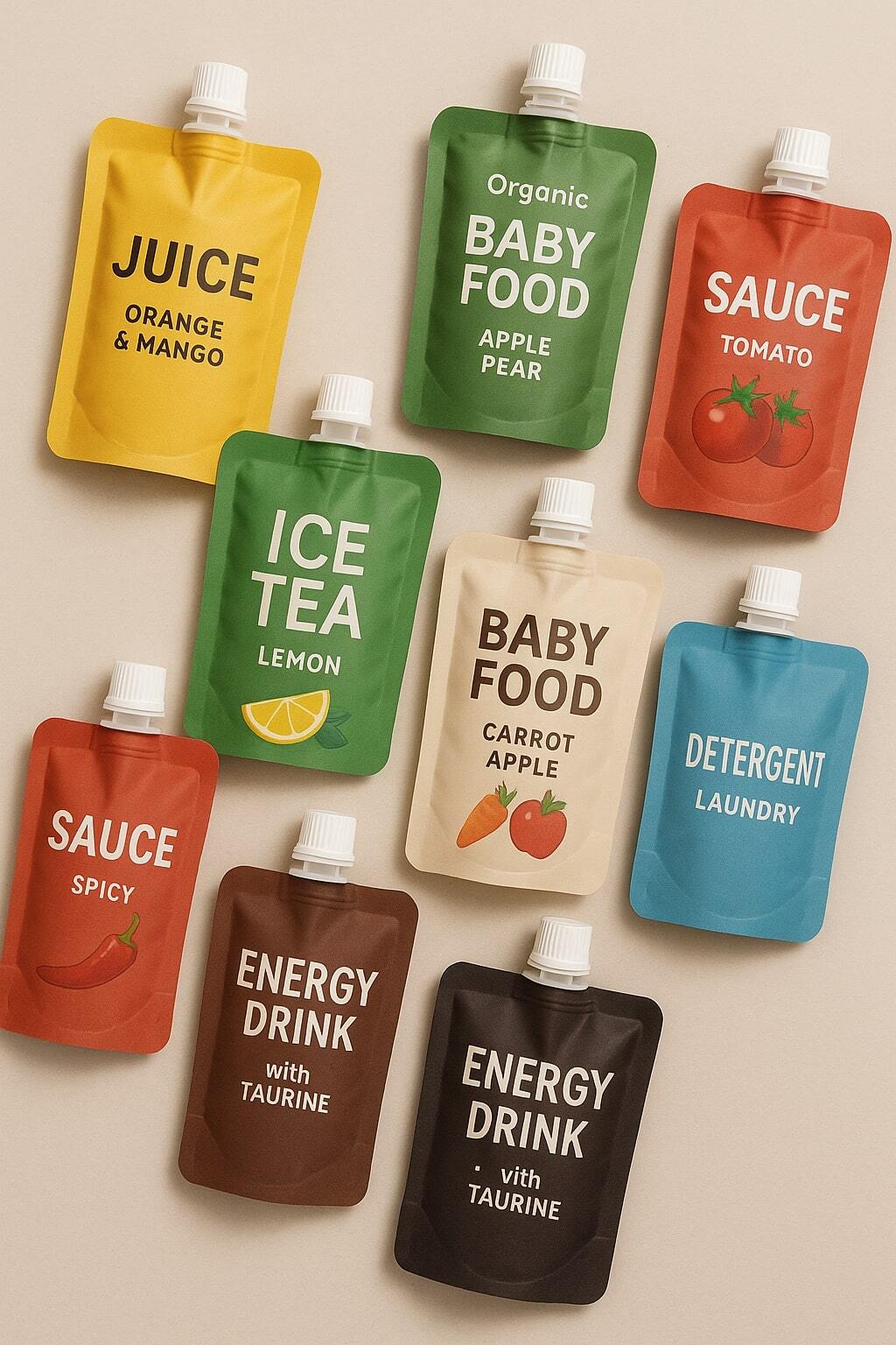 Flat lay of assorted spouted pouches for beverages, sauces, baby food, and detergents.