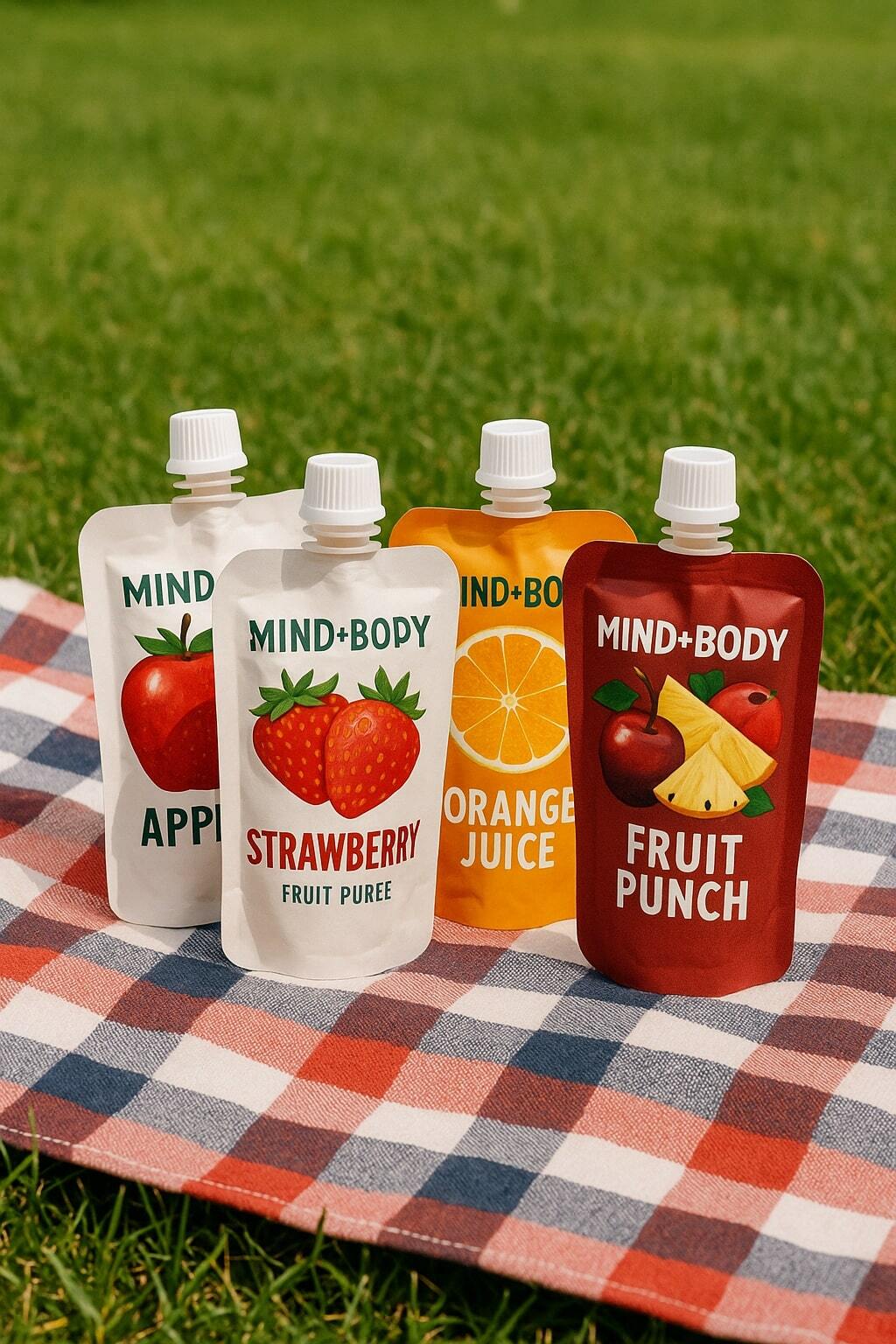 Spouted beverage pouches on a picnic blanket ready to serve.