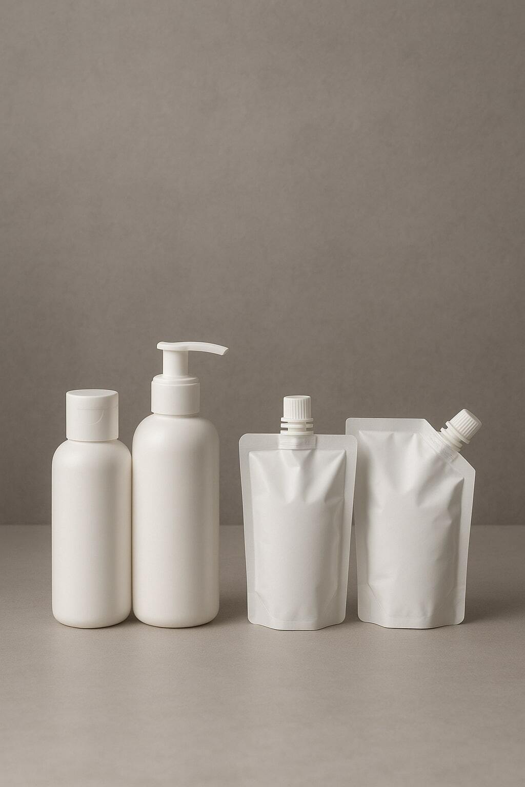 Side-by-side image showing juice bottles next to colorful spouted pouches.