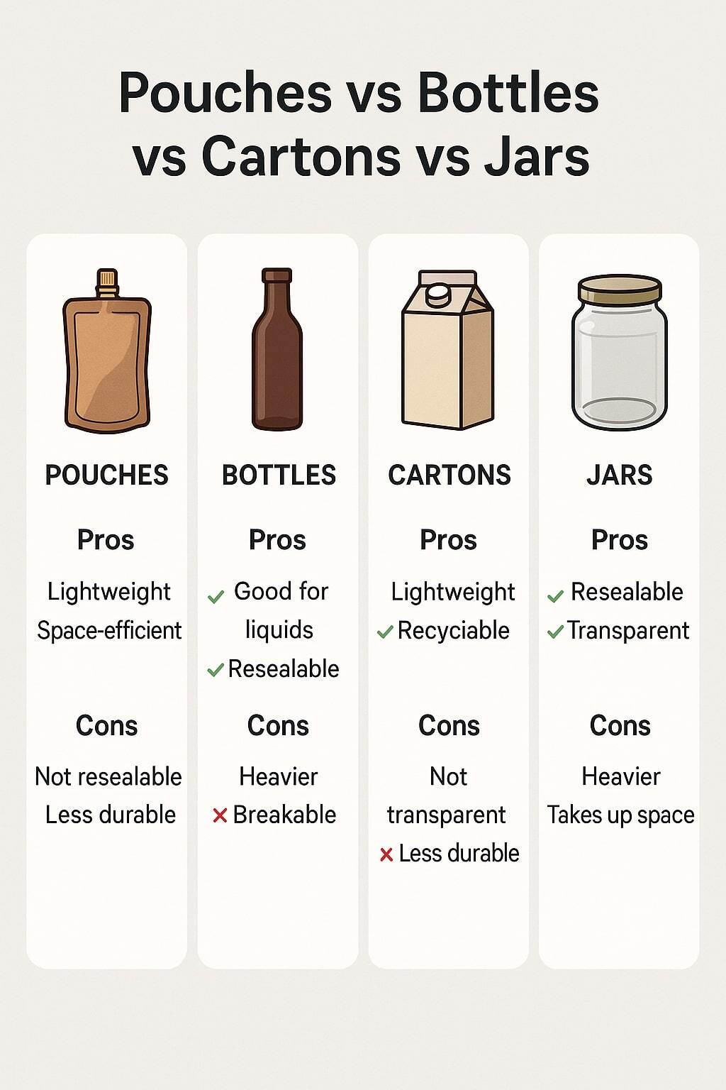 Cards comparing pouches against bottles, cartons, and jars.