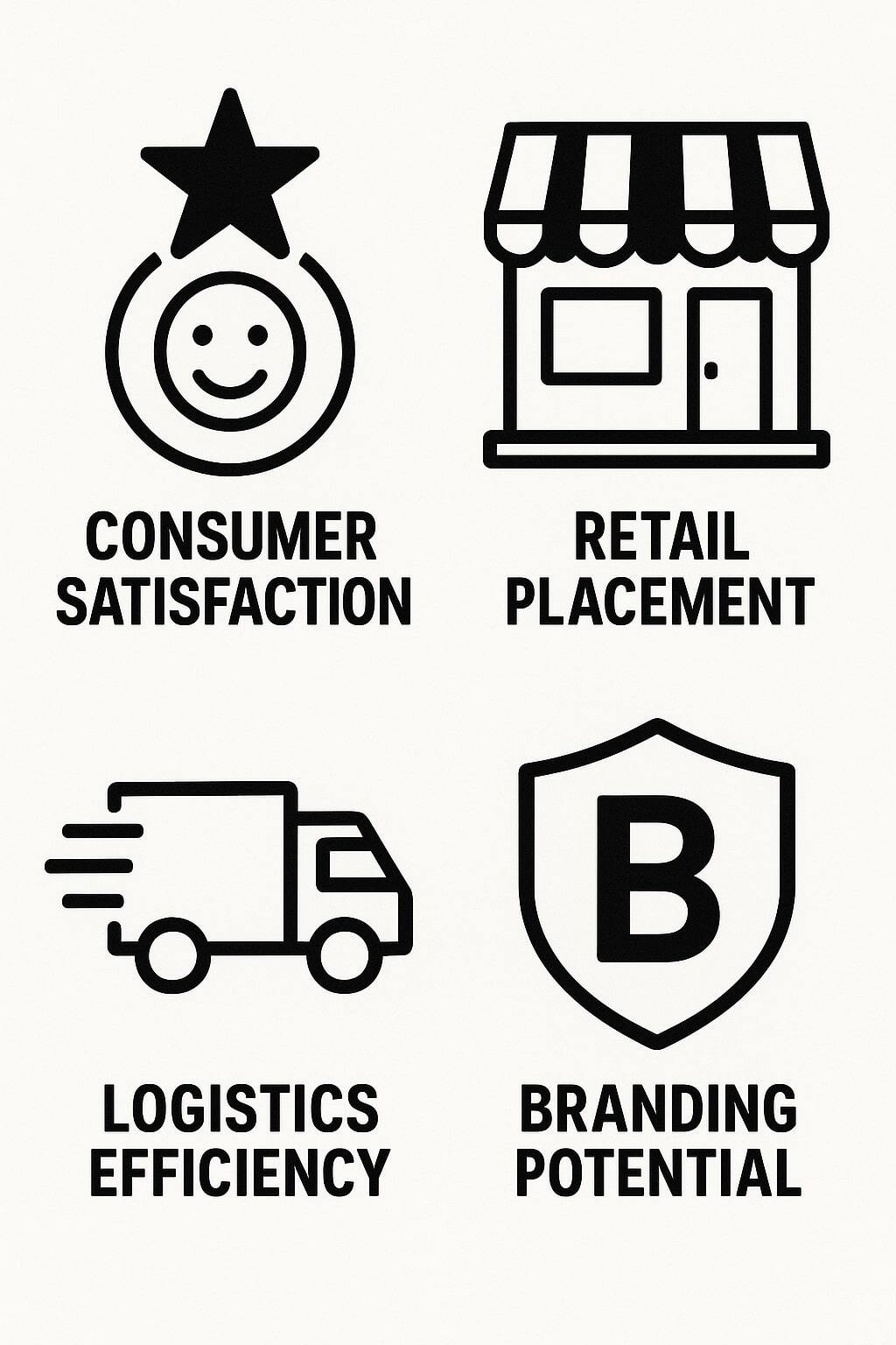 Icon set for consumer satisfaction, retail placement, logistics, and branding.