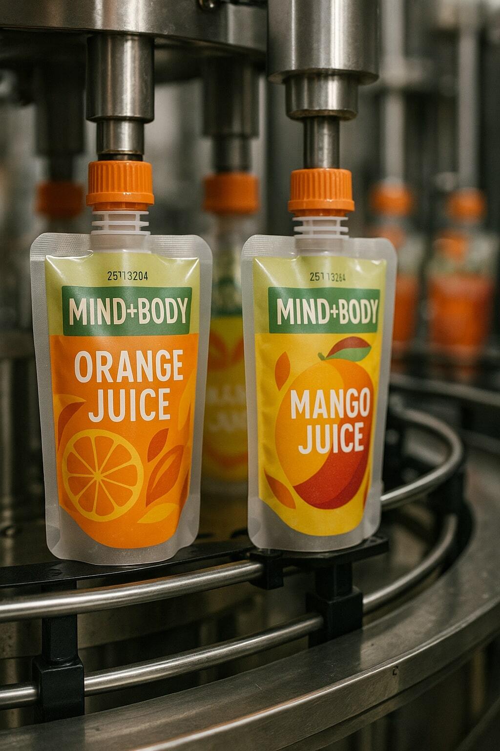 Juice line running spouted pouches with visible resealable caps.