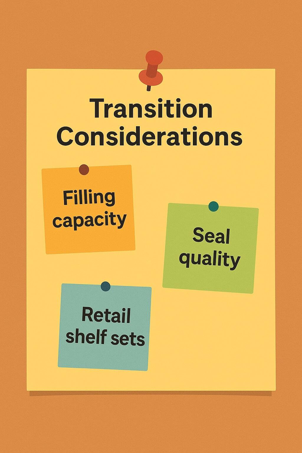 Sticky notes listing supply chain and sealing considerations during transition.
