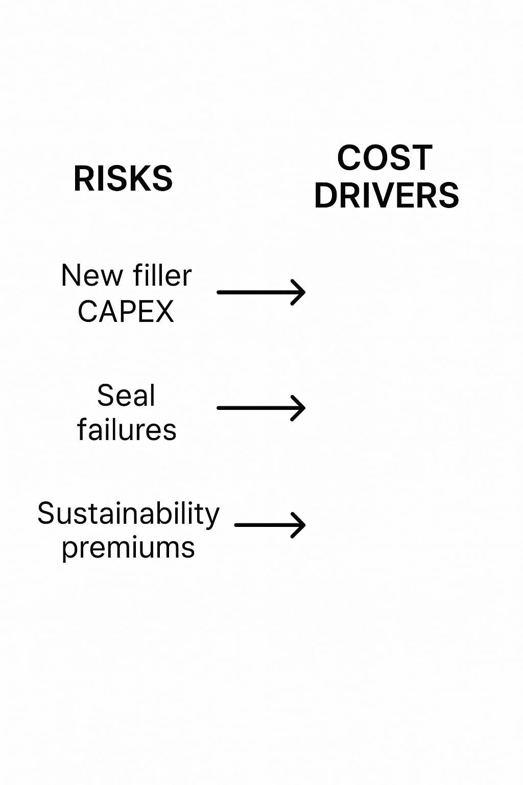 Diagram connecting risks to cost drivers like equipment and sealing quality.