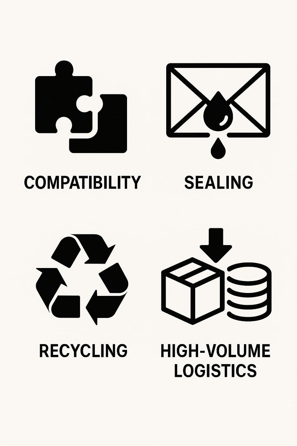 Grid of risk icons for compatibility, sealing, recycling, and high volume logistics.