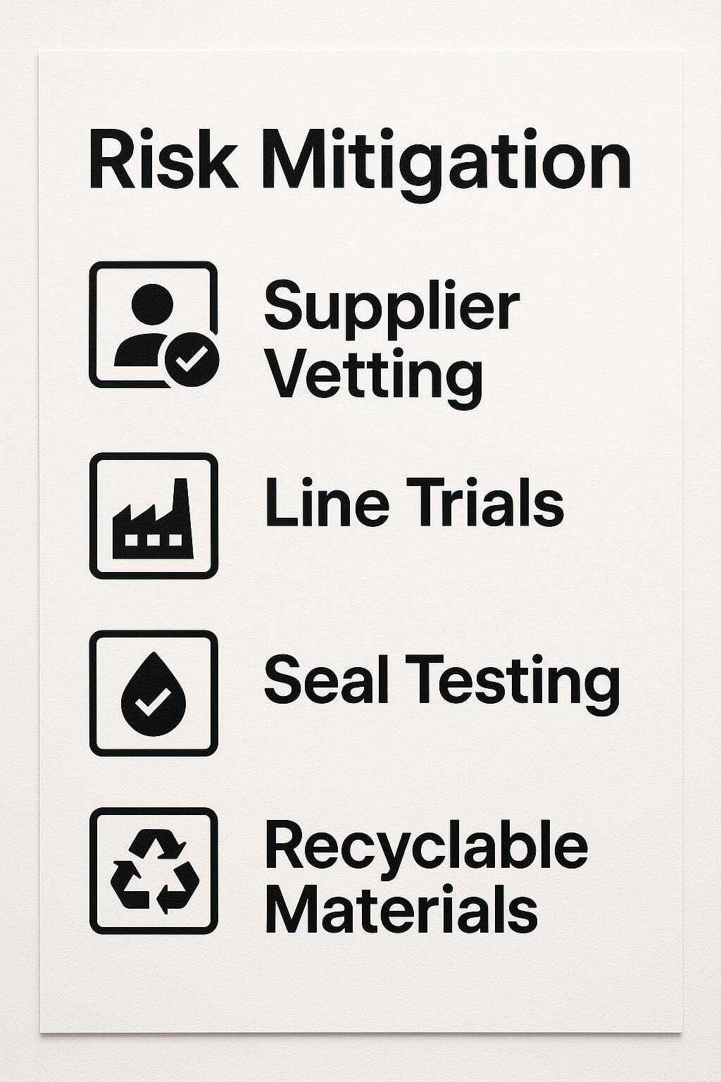 Checklist for supplier vetting, line trials, and seal testing.