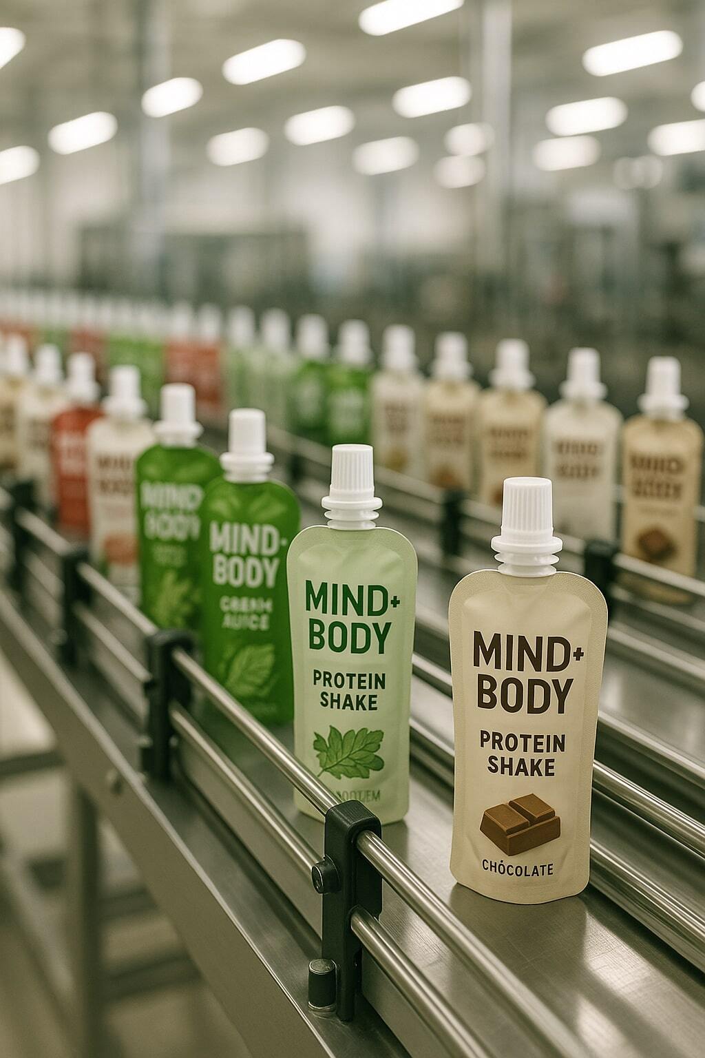 A beverage production line running spouted pouches for on-the-go SKUs.
