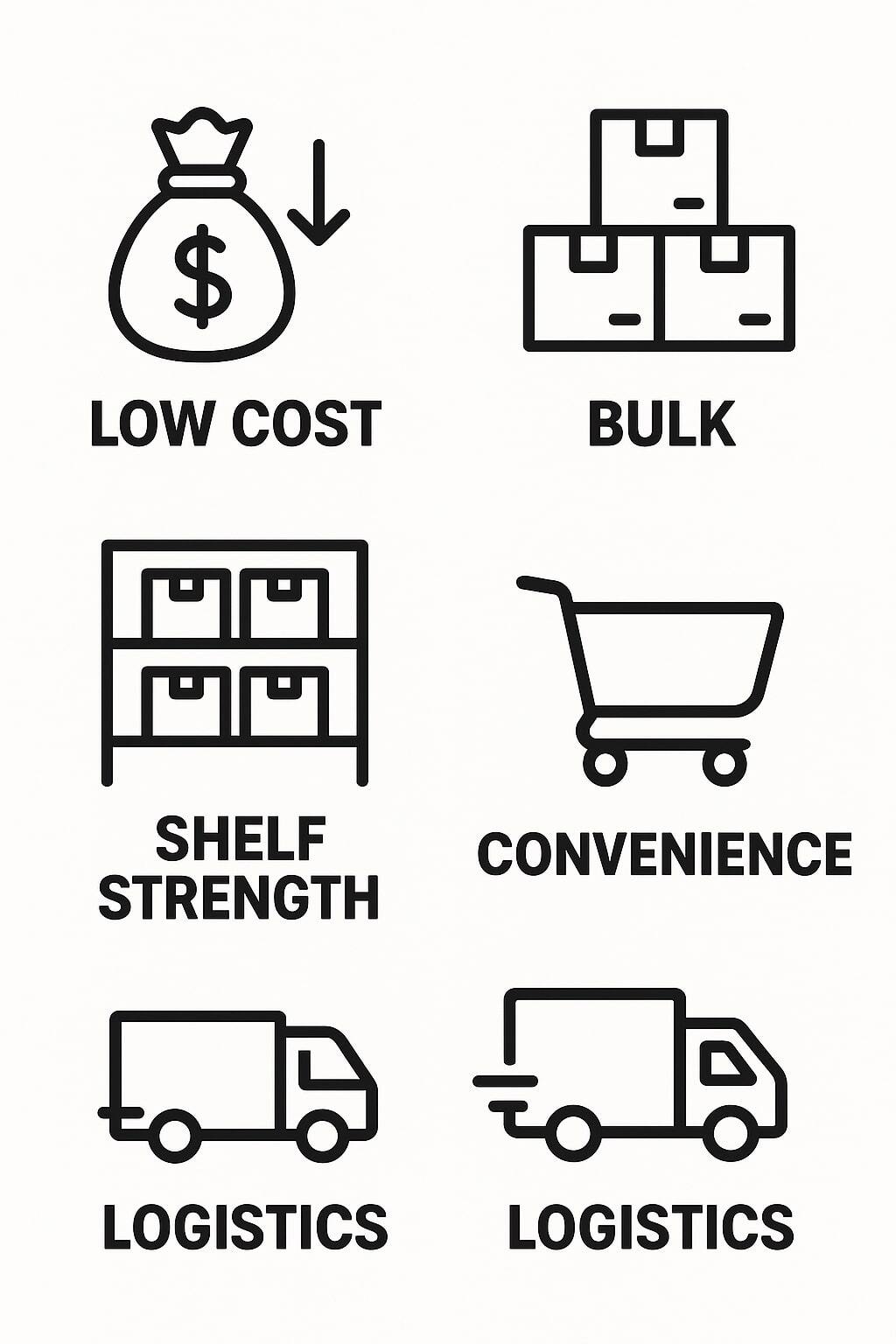 Icons depicting low cost, shelf strength, convenience, and logistics wins.