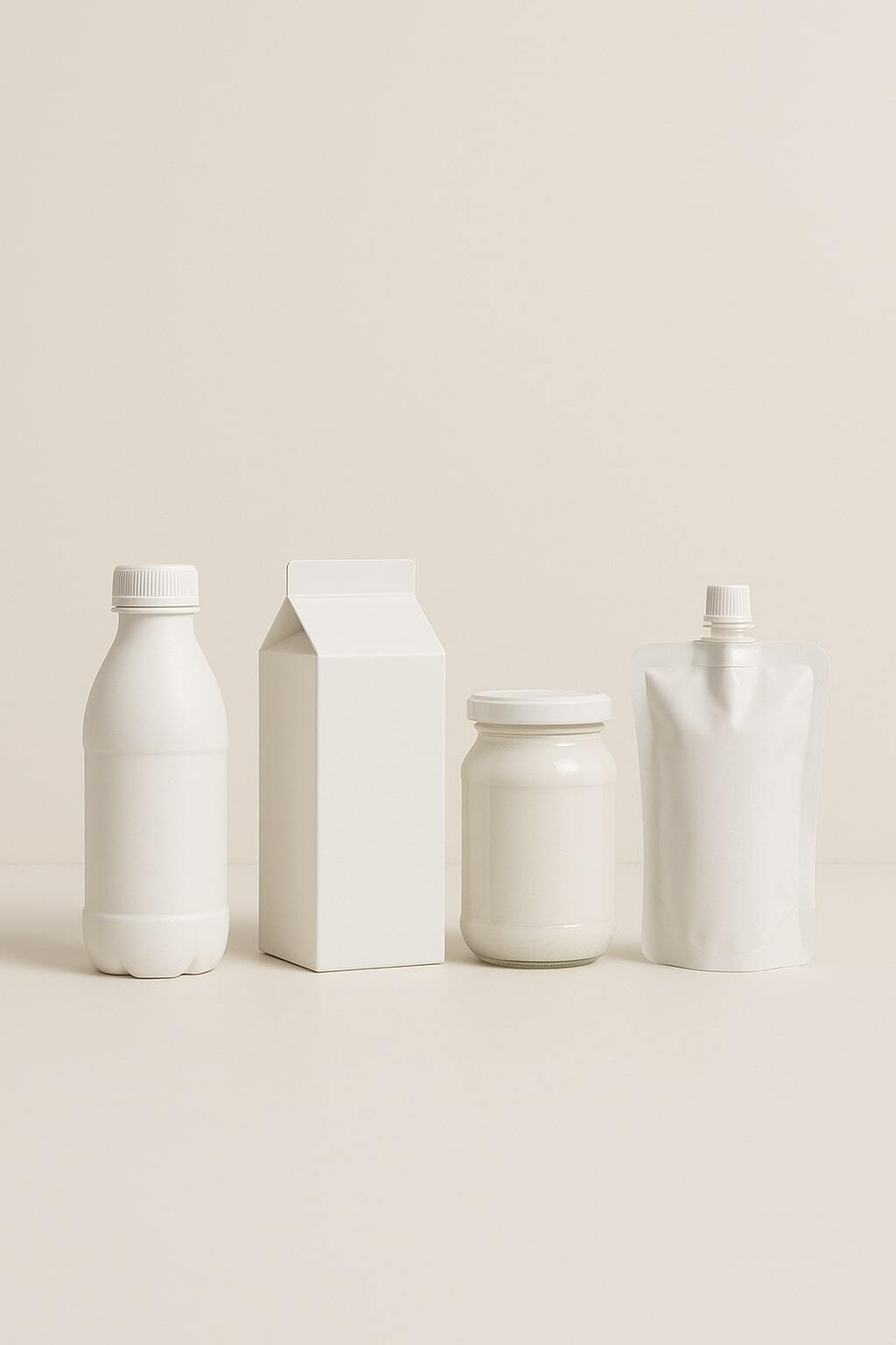 Side-by-side display of bottle, carton, jar, and spouted pouch for comparison.