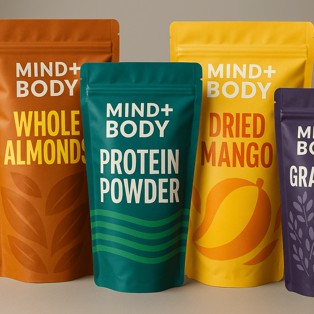 Close-up of digitally printed stand-up pouches with vibrant branding.