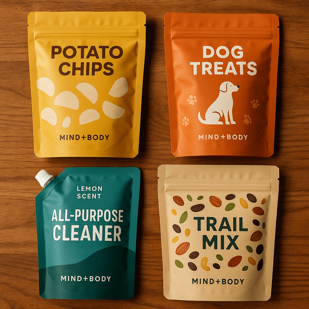 Collage of product photos in stand-up pouches: snack bags, pet food bags, cleaning solution pouches—arranged on a wooden table.