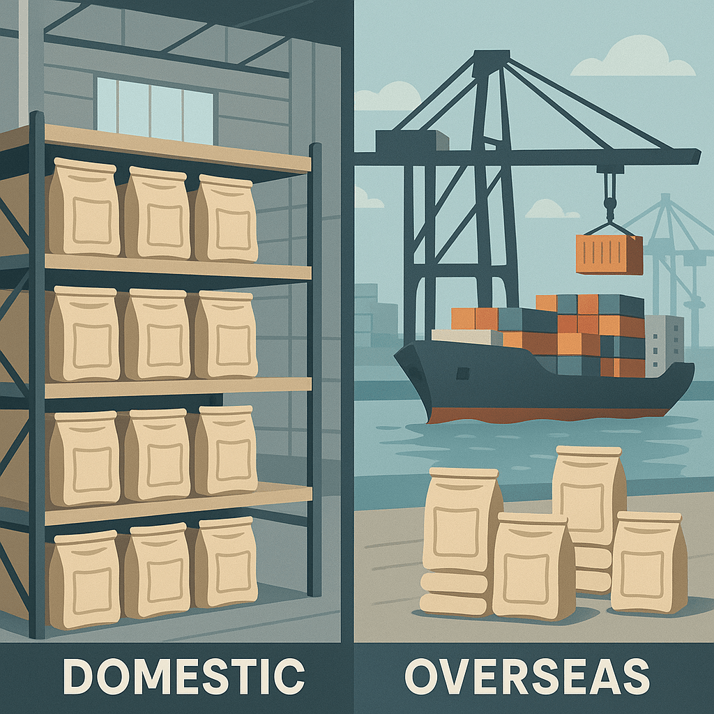 Split-screen graphic comparing domestic vs overseas pouch sourcing