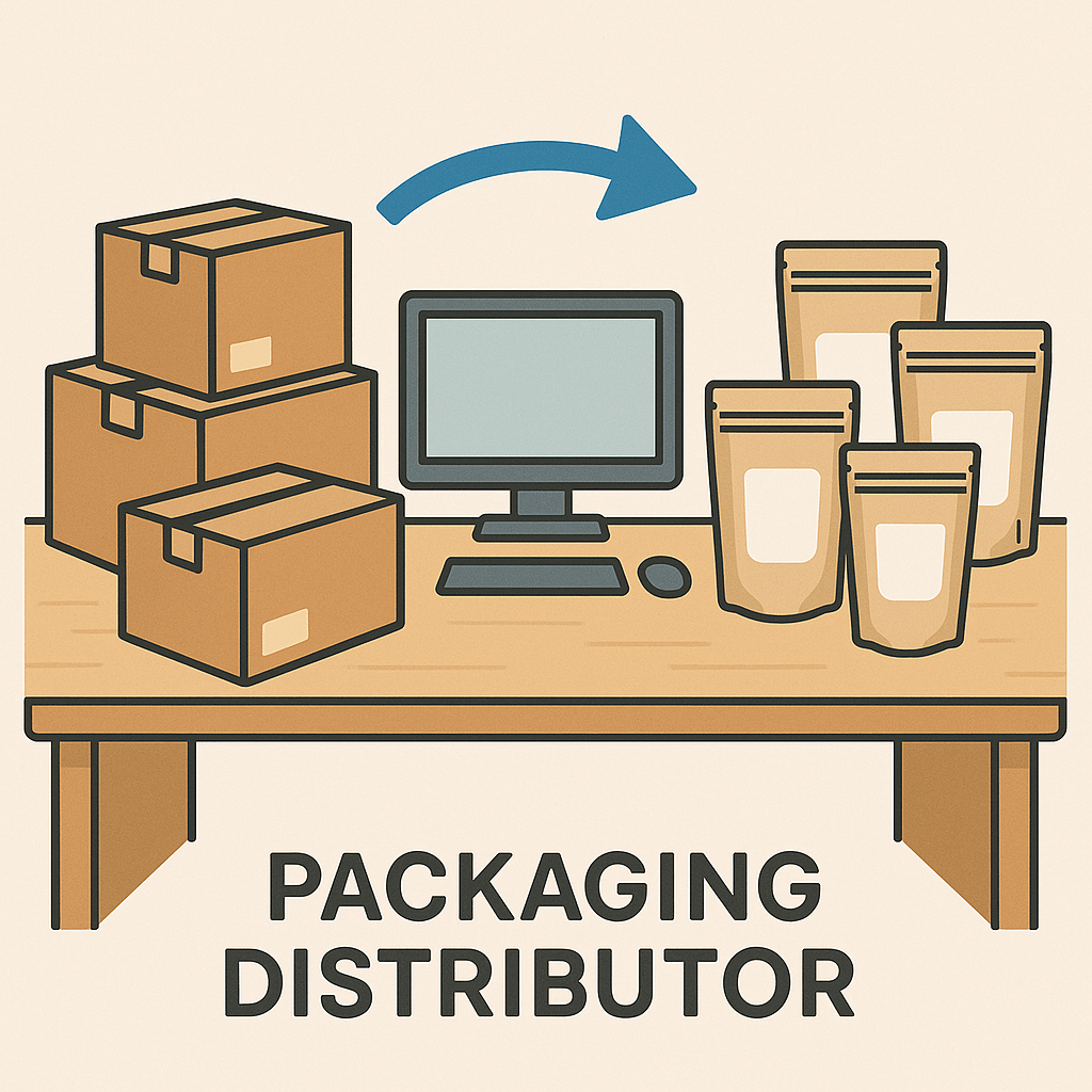 Split-screen graphic comparing domestic vs overseas pouch sourcing