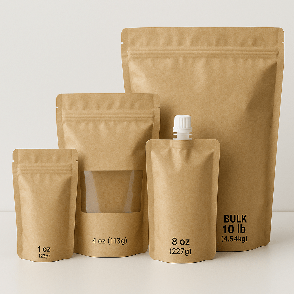 Split-screen graphic comparing domestic vs overseas pouch sourcing