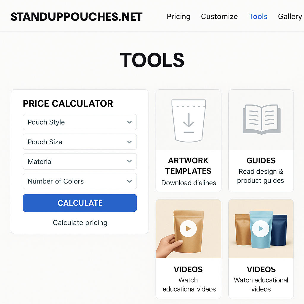 Screenshot of StandUpPouches.net tools page with calculators and templates.
