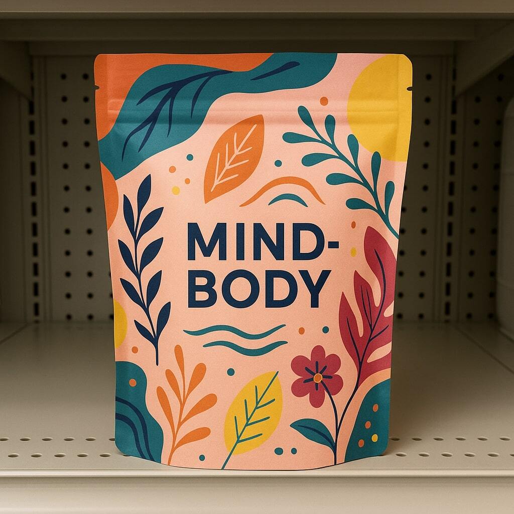 Fully printed custom stand-up pouch with colorful branding labeled Mind+Body, on a retail shelf.