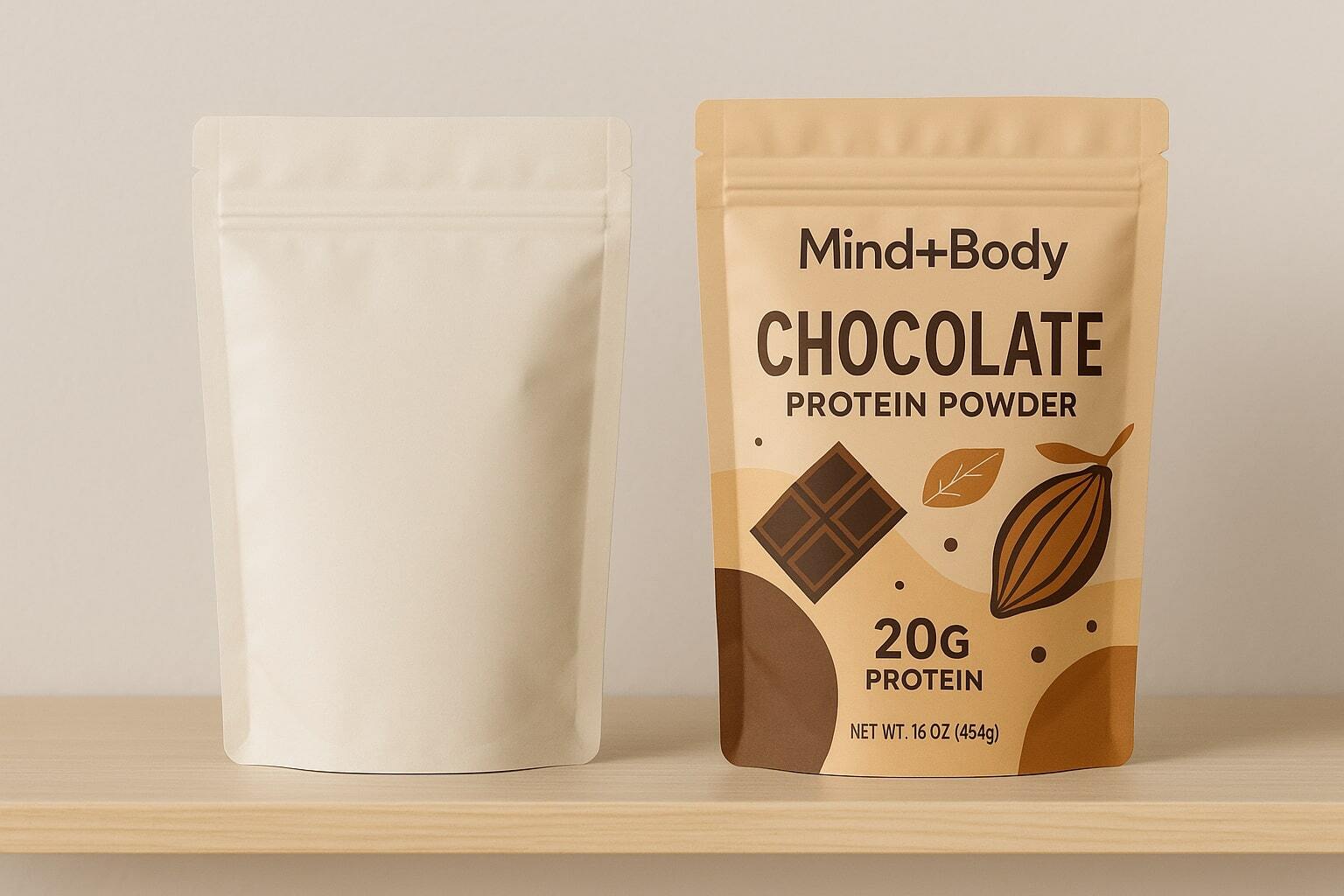 Side-by-side blank stock pouch and fully printed custom pouch on a shelf. If there are realistic pouches in the image the pouches should have some design elements as though you might find them in a grocery store. Use the fictitious company Mind+Body as the brand and label the products with real products that would be packaged in the pouches. Do not use Lorem Ipsum copy in the graphic.