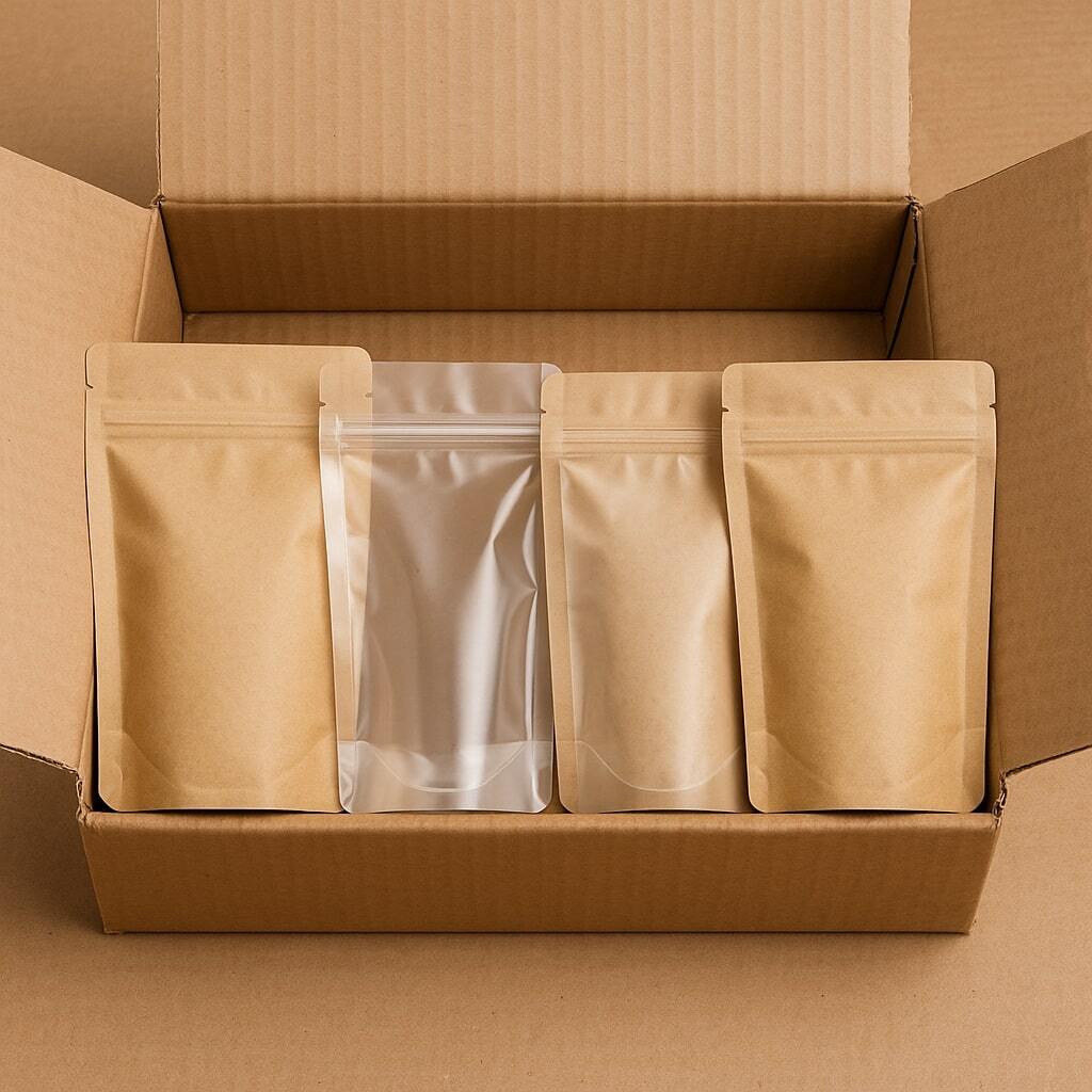 Photograph of blank stock stand-up pouches in kraft and clear finishes ready to ship.
