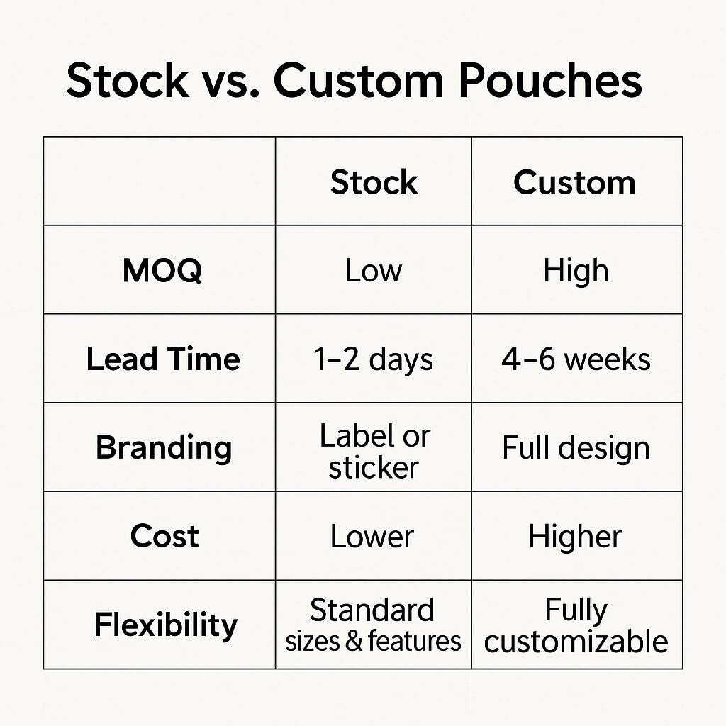 Table comparing stock vs custom pouches: MOQ, lead time, branding, cost, and flexibility.