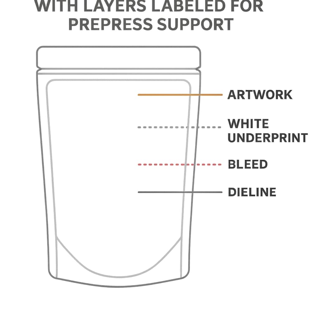 Graphic of a pouch artwork template with layers labeled for prepress support.