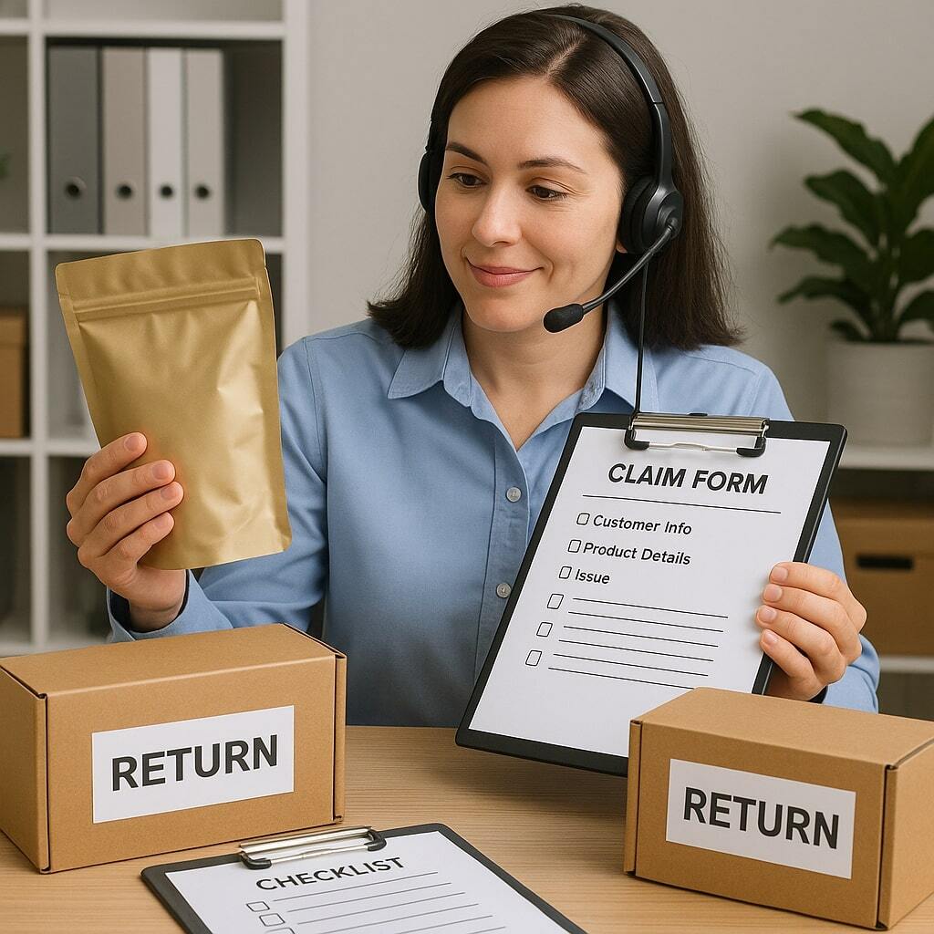 Customer service rep handling pouch defect claims with checklists and return boxes.