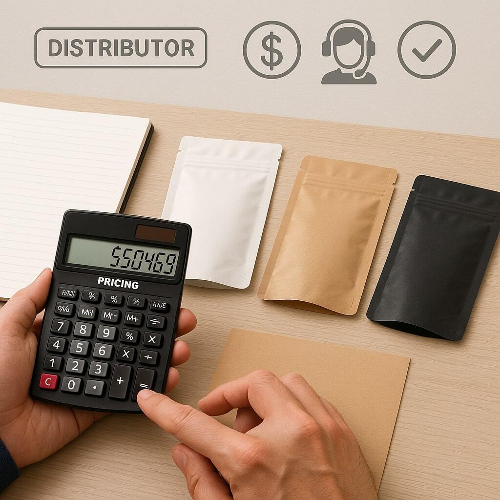 Distributor at a desk using pricing calculator and sample pouches with support icons.
