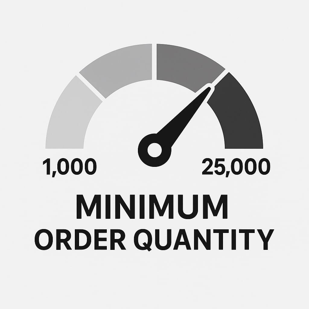 Icon showing minimum order quantity scale from 1,000 to 25,000 units.