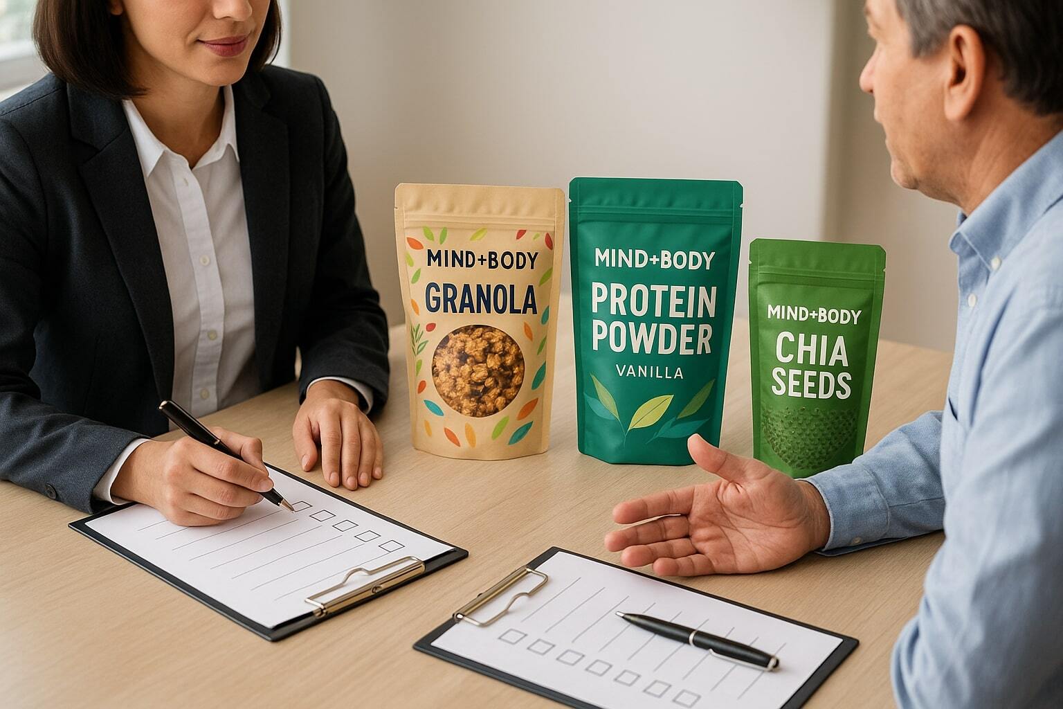 Businessperson interviewing a packaging supplier, with checklists and sample pouches on the table. If there are realistic pouches in the image the pouches should have some design elements as though you might find them in a grocery store. Use the fictitious company Mind+Body as the brand and label the products with real products that would be packaged in the pouches. Do not use Lorem Ipsum copy in the graphic.