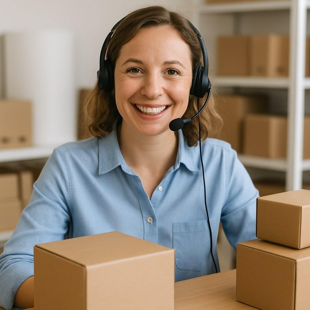 Photo of a friendly rep on a headset ready to assist a packaging buyer.