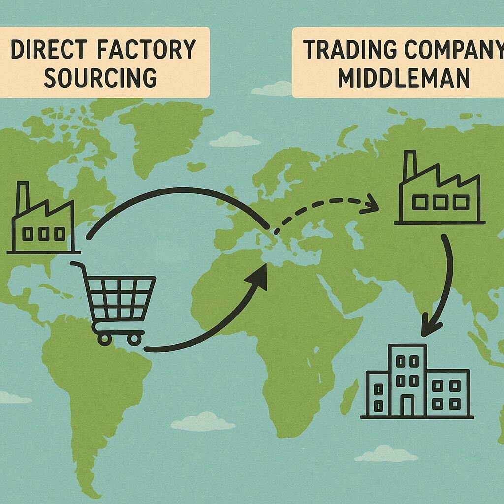 Map illustration showing direct factory sourcing vs trading company middleman.