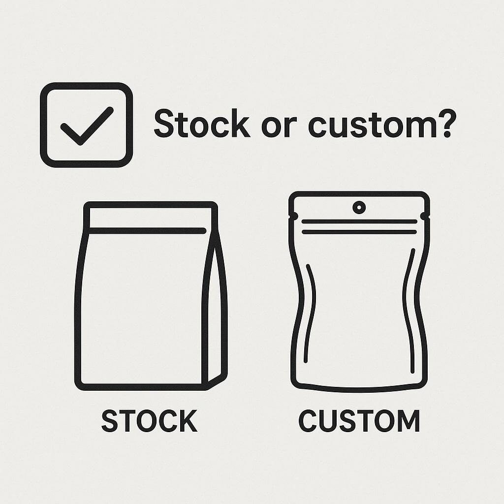 Checklist icon next to stock and custom pouch images representing question about offerings.