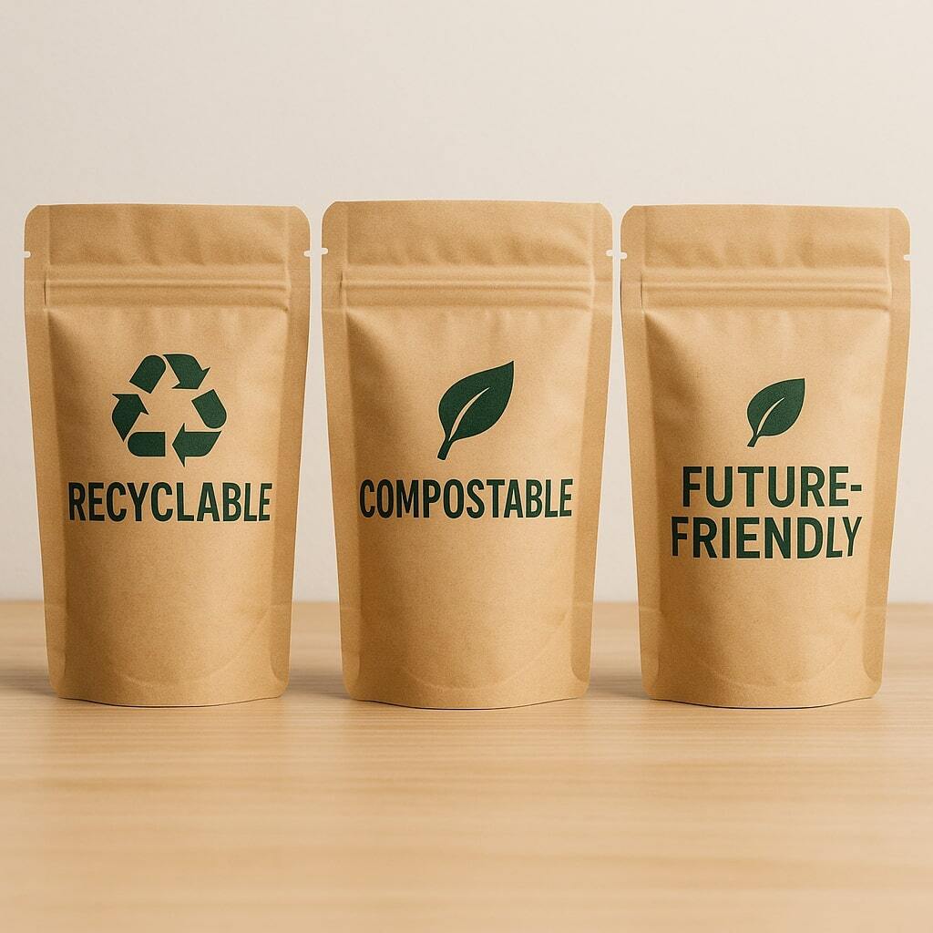 Row of eco-friendly pouches labeled recyclable, compostable, and future-ready.