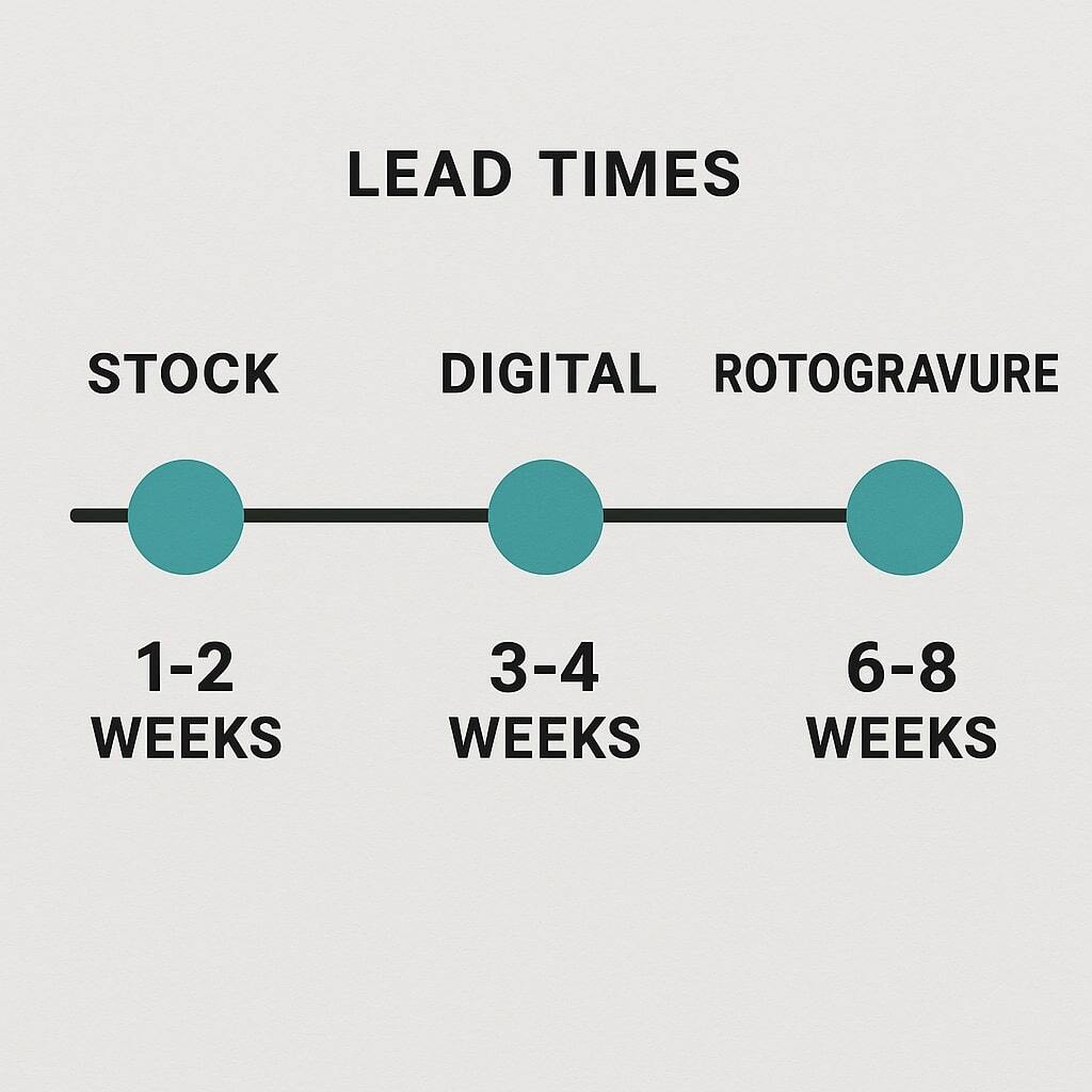 Timeline graphic showing stock, digital, and rotogravure lead times.