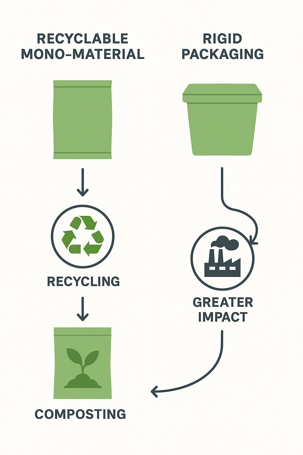 Infographic comparing recyclable and compostable pouch pathways versus rigid packaging impact.
